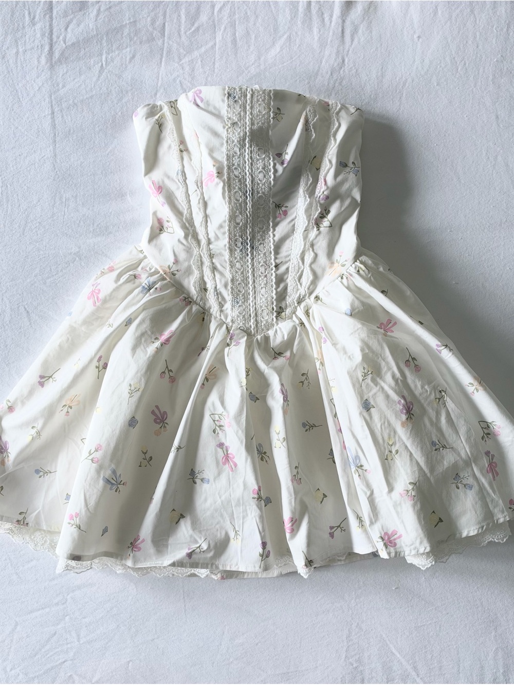 Cream Floral Lace-Trim Party Dress